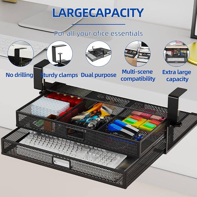 Under Desk Drawer Organizer No Drilling Under Desk Storage Drawer Organizer Metal Under Desk Slide Out Drawer Suitable for Home and Office(Large)