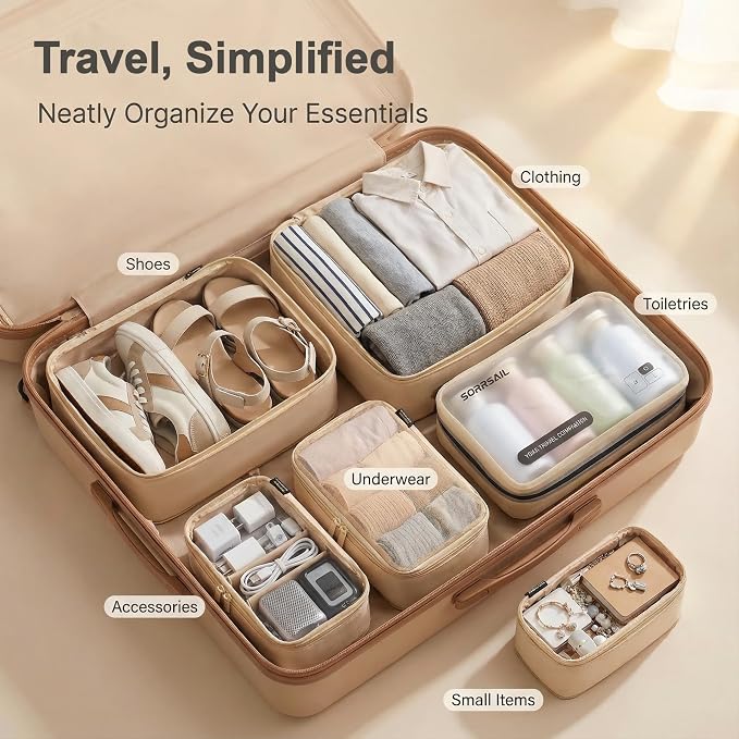 6 Set Compression Packing Cubes for 7–14 Day Travel, Mist Khaki | Nylon Oxford Fabric, Full Breathable Mesh, Reinforced Double-Zipper, Small to Large Size Bag, Expandable Packing System