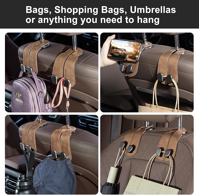 CoBak Purse Hook for Car - Universal Premium Stitched Leather and Aluminum-Magnesium Alloy Double Car Seat Back Storage Hook for Purses, Handbags, Bags (4 Pack),Brown