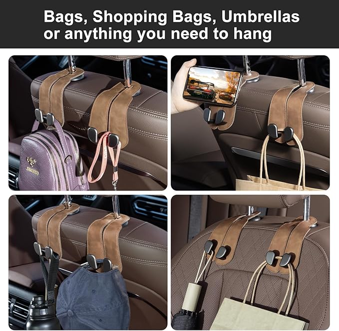 CoBak Purse Hook for Car - Universal Premium Stitched Leather and Aluminum-Magnesium Alloy Double Car Seat Back Storage Hook for Purses, Handbags, Bags (2 Pack),Brown