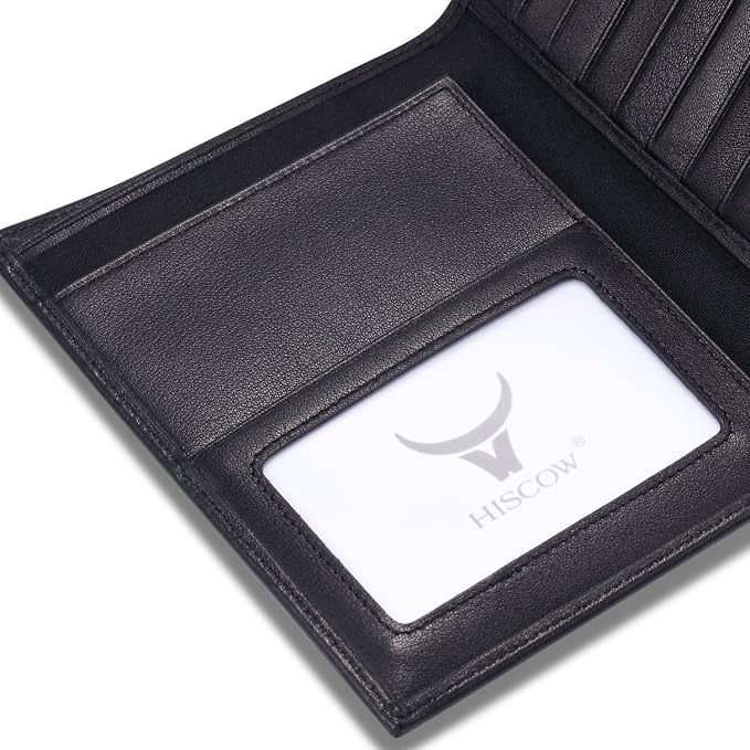 HISCOW Leather Passport Holder for Travel, Bifold Wallet, Black | Full grain cowhide, RFID blocking, 7 card slots, cash compartment, frosted ID window, travel essentials, premium gift box