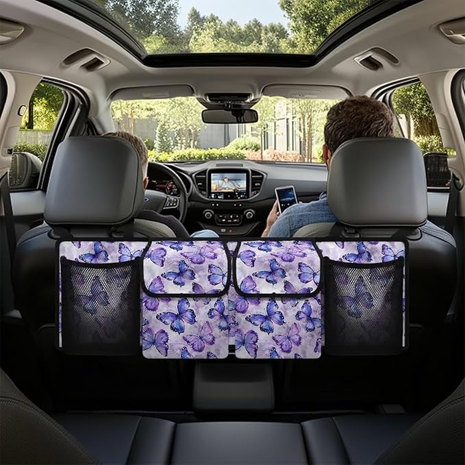 Purple Butterfly Car Trunk Organizer with Lid Backseat Hanging Storage Bag Waterproof Collapsible Cargo Bag Auto Organizer for SUV, Truck, Van