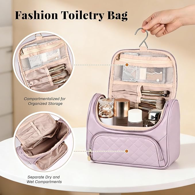 Greenfeather Cosmetic Bags for Women，Hanging Toiletry Bag with Makeup Brush Womens Travel Toiletry Bag for Women Essentials Travel Organizer for Full Sized Cosmetics and Toiletries Purple