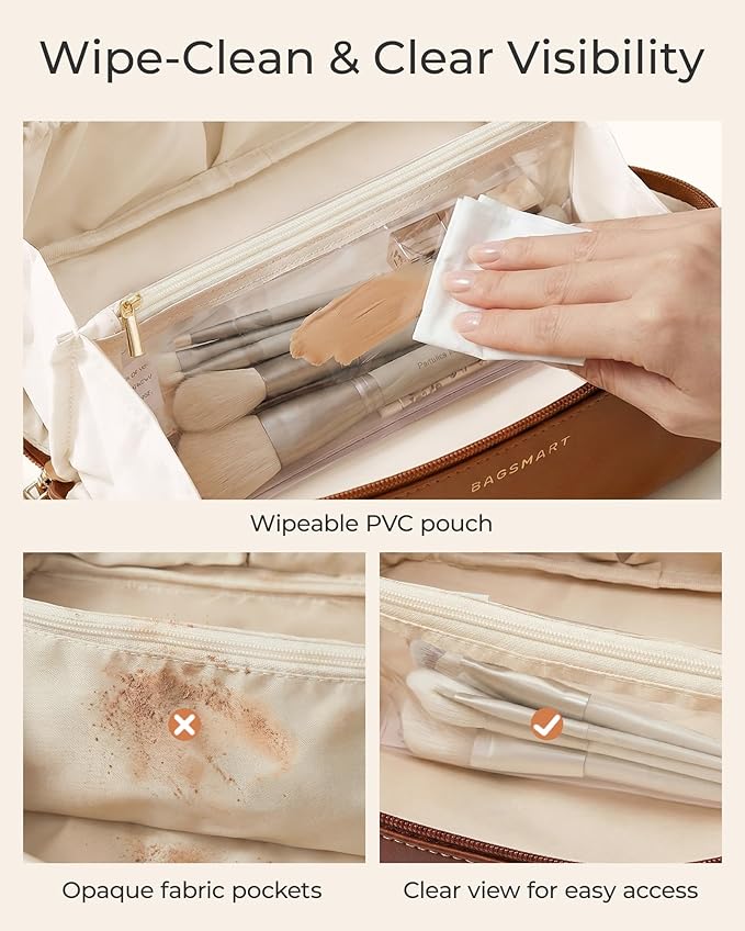 BAGSMART Makeup Bag Travel 3 Pcs Set Cosmetic Bag, Large Make Up Bag Flat Open Toiletry Bag for Women, PU Leather Travel Essentials Organizer Case, Wide-open Pouch for Skincare, Brushes, Coffee Brown