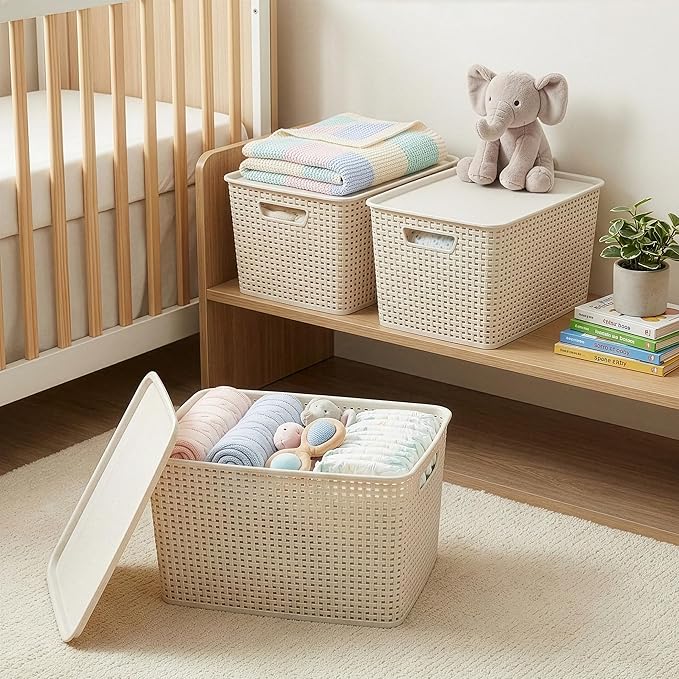 BINO | Plastic Storage Baskets with Lids, 22 Liter - 3 Pack, Natural | THE WOVEN COLLECTION | Storage Basket for Shelves | Woven Storage Baskets for Organizing Bins | Pantry Shelf Organizer Bin