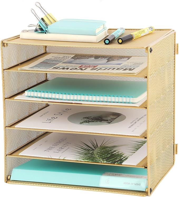 EASEPRES 5 Slot Mesh Desk Organizer Tray, File Paper Letter Folder Holder Desktop Paper Sorter Mail Organization Rack Storage Accessories, for Office Home School Classroom, Gold