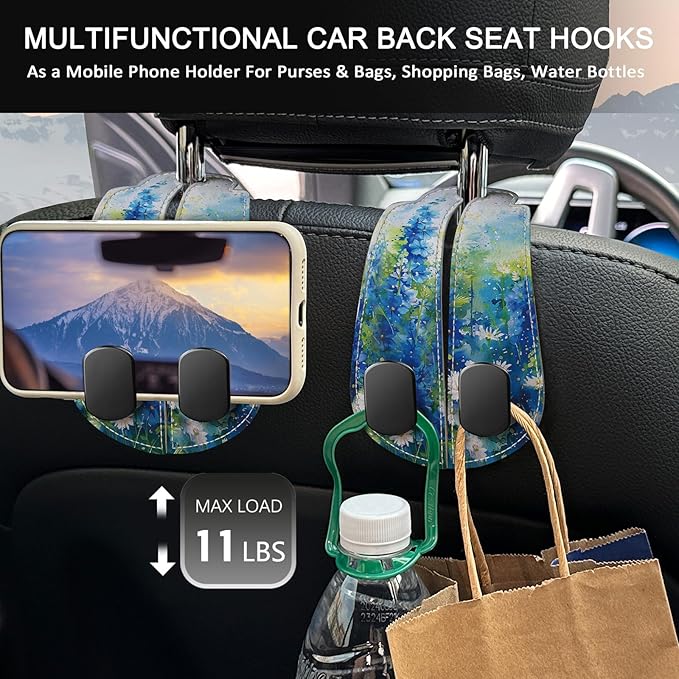 Blusabaca 2PCS Car Seat Back Storage Headrest Hooks, Floral Blue Purse Holder Bags Hanger, PU Leather Double Metal Hook for Backseat Organizer, Women Car Accessories Organization