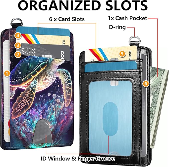 Slim RFID Blocking Card Holder Wallet with Wrist Strap - Minimalist Front Pocket Wallet, Sea turtle 02 Design, PU Leathe, for Men & Women, Ideal for Travel & Gifts