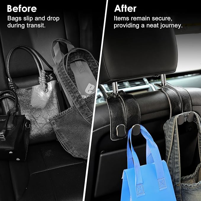 KINIVA Car Seat Headrest Storage Hooks, Set of 2, Suede PU Leather, Double Hooks (06-Black)