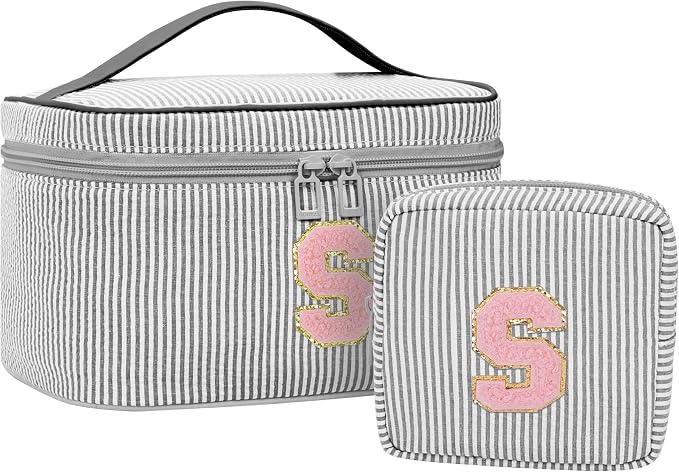 MONSTINA Initial Makeup Bags for Women|Cosmetic Bag for Travel Toiletry - Birthday Gifts for 11 12 13 14 15 16 17 18 Years Old Girls- Graduation Teen Girl Gifts Trendy Stuff Teacher Gift,2PCS,Black S
