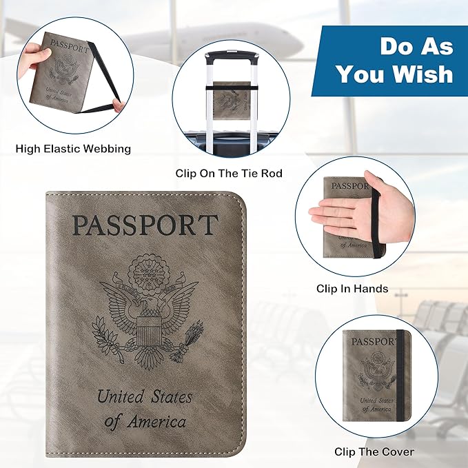 Passport Holder for Travel Essentials Wallet Rfid Blocking Cover Leather Case Vacation Travel Accessories for Women Men (602#Grey)