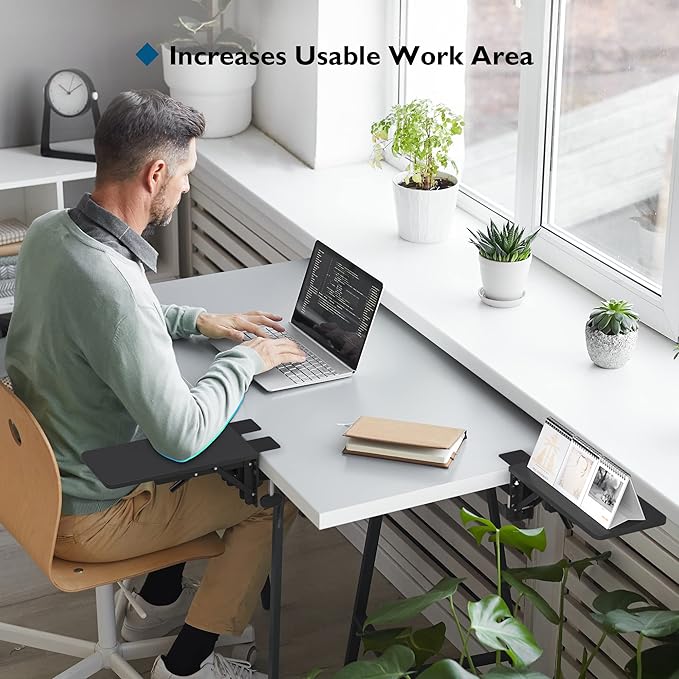 BONTEC Desk Extender Tray, 11.8"x5.9" Table Mount Arm Wrist Rest Shelf, 90°Foldable Elbow Support, Clamp on Computer Arm Rest for Desk, Office & Home Use, Durable & Easy to Install