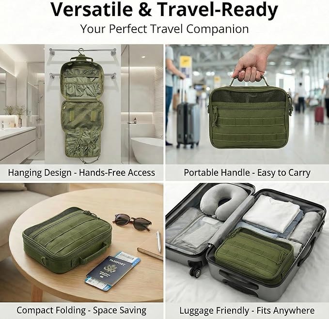 VELVEBAG ﻿Tactical Toiletry Bag for Men, Mens Toiletry Travel Bag, Hanging Dopp Kit Waterproof TravelShaving Hygiene Bag, Bathroom Multi-pocket Organizer, for Short Trips, Camping & Gym, Green