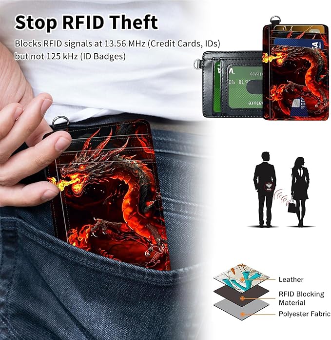Slim Minimalist Front Pocket Wallet,Credit Card Holder Wallet for Women Men,RFID Blocking Credit Card Holder Case Leather Cute Small Thin Wallet ID Window&Wrist Strap,Fire Red Dragon