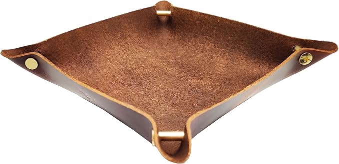 Leather Valet Tray Entryway Catchcall Tray Nightstand Organizer Storage for Wallets Watches Keys Holder Dish Bowl Coins Office Desk Accessory (Antique Brown-Oil Wax Leather).