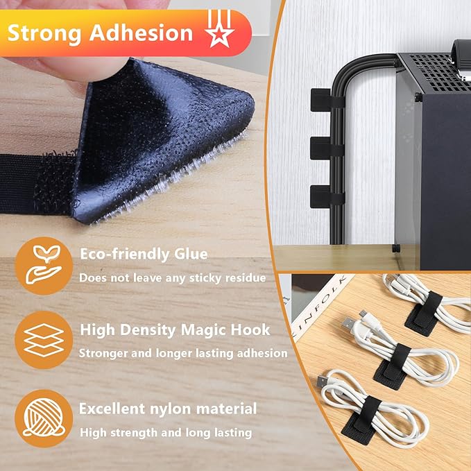 48Pcs Upgraded Under Desk Cable Management Ties - Self Adhesive Sticky Back Hook and Loop Straps, Cable Wire Organizers for Home Office