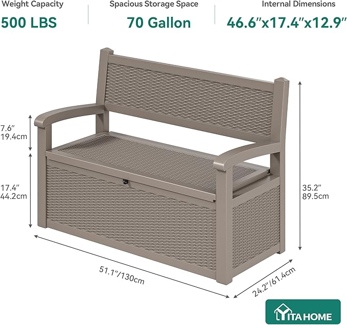 YITAHOME 70 Gallon Storage Bench Deck Box, Lockable Patio Bench, Waterproof Outdoor Pool Deck Storage for Patio Cushions, Garden Tools and Pool Supplies, Light Brown