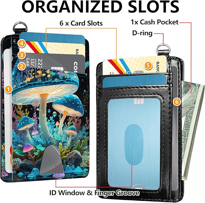 Slim RFID Blocking Card Holder Wallet with Wrist Strap - Minimalist Front Pocket Wallet, Colored mushroom 02 Design, PU Leathe, for Men & Women, Ideal for Travel & Gifts