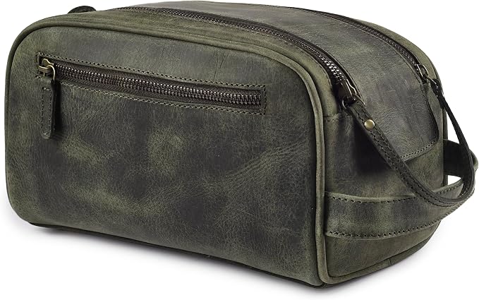 LEATHER VILLAGE Genuine Leather Toiletry Travel Pouch With Waterproof Lining - Olive | King-Size Handcrafted Vintage Dopp Kit Bag, Shaving & Bathroom Organizer, Gift for Men & Women
