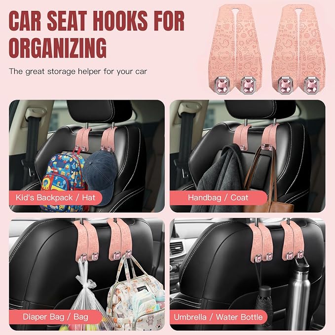 2PCS Car Hooks for Headrest, Faux Leather Purse Hook for Car Seat Back Organizers and Storage, Double Metal Purse Holder Bag Hanger, Universal Car Interior Accessories for Women Man