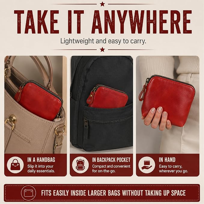 Full Grain Leather Cosmetic Bag – Zippered Makeup Pouch for Women, Small Travel Toiletry & Organizer Pouch for Purse, Premium Handmade Leather (5 × 4 × 2.5 in)