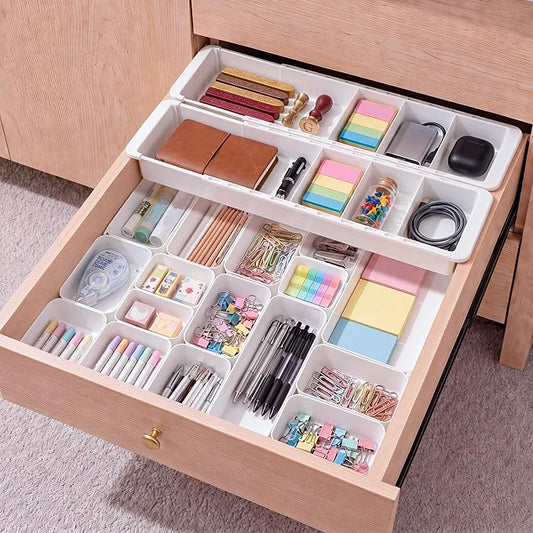 27 Pcs Deep Drawer Organizer Bulk, 2 Expandable Hanging Trays with Plastic Drawer Dividers Organizers, Desk Drawers Organizer Trays for Makeup Kitchen, Bathroom, Office, Bedroom, White