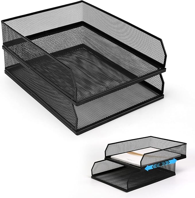 Stackable Paper Tray Desk Organizer, 2 Pack Letter File Tray, Wire Mesh Desktop Organizer, Front-Load Metal A4 Paper Sorter Documents Storage Holder Tray for Office Supplies Home School Classroom