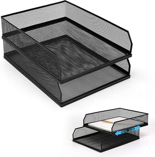 Stackable Paper Tray Desk Organizer, 2 Pack Letter File Tray, Wire Mesh Desktop Organizer, Front-Load Metal A4 Paper Sorter Documents Storage Holder Tray for Office Supplies Home School Classroom