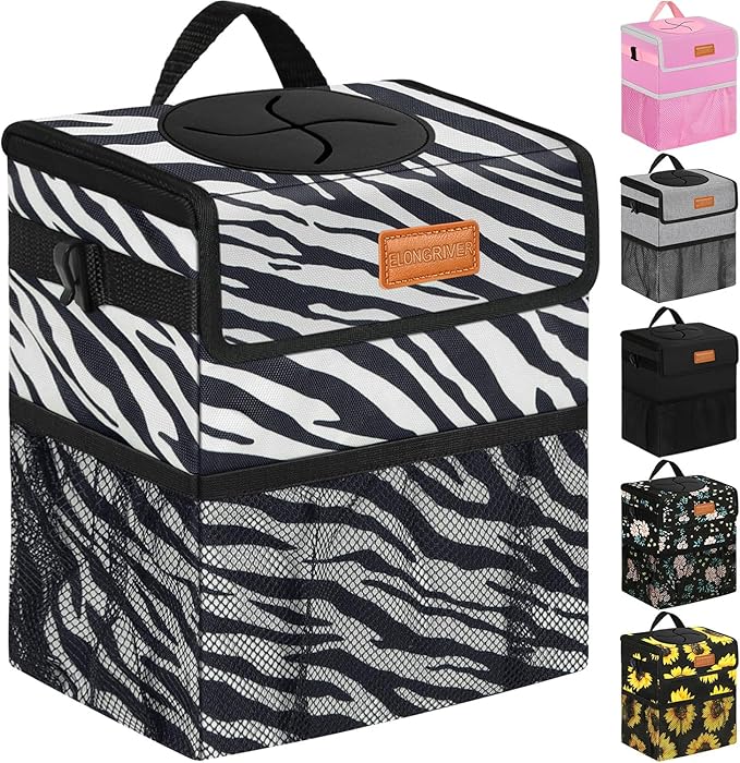 ELONGRIVER Car Trash Can Bin for Back Seat Leak Proof, Cute Car Trash Bag Hanging, Vehicle Trash Can for SUV Truck Van, Automotive Garbage Cans Front Seat Zebra