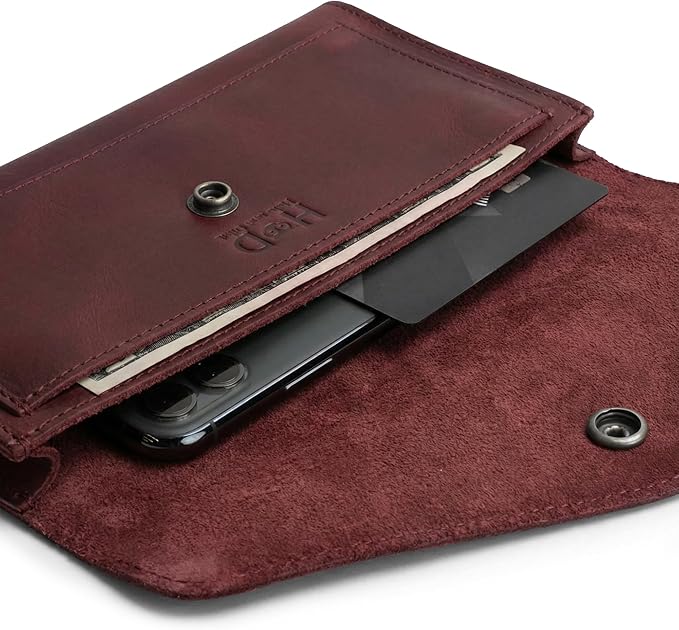 Hide & Drink, Full Grain Leather Large Female Wallet, Travel Organizer for Women, Vintage Money and Card Holder, Handmade, Sangria
