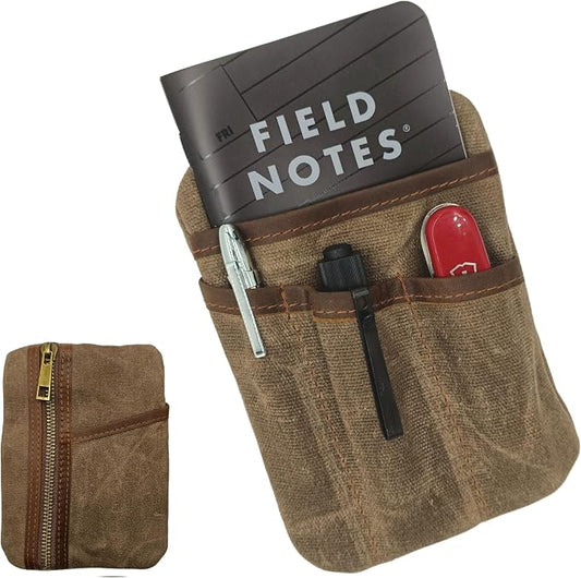 EDC Pouch 6 Pockets Organizer Waxed Canvas and Leather EDC Wallet Pocket Pouch for Men Women Vintage Brown