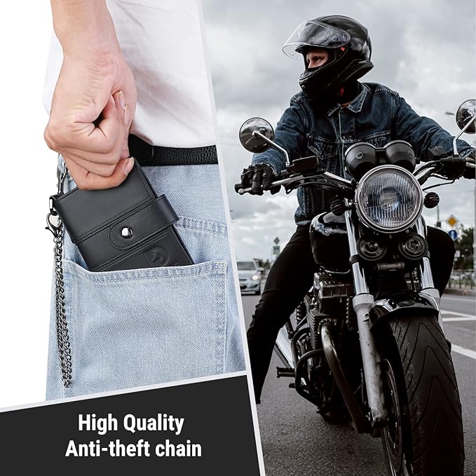 bill heart Chain Wallets for Men, RFID Blocking Genuine Leather Wallets with Anti-Theft Chain