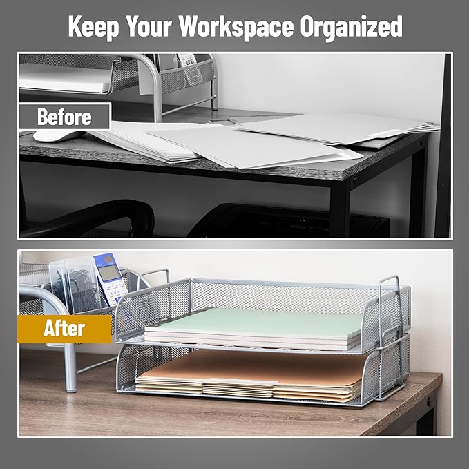 Mind Reader Stackable Paper Tray, Desktop Organizer, File Storage, Office, Metal Mesh, 2 Pcs., Silver