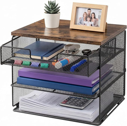 4-Tier Mesh Desk Organizer and Accessories with Drawer Wooden Top Desktop Organizers Letter Tray Paper Organizer File Holder for Home Office School Black