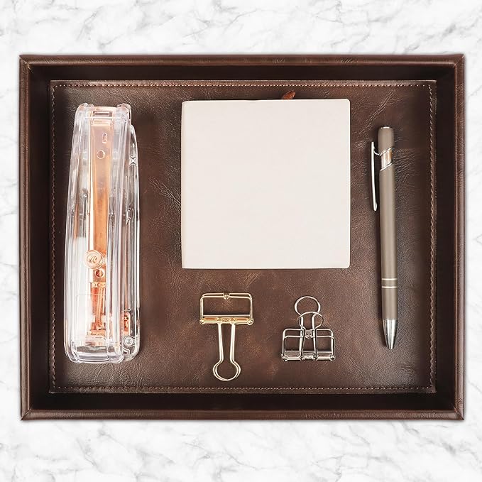 Leather Decorative Vanity Tray, Desktop Storage Organizer, Catchall Tray, Valet Tray, Nightstand or Dresser Organizer Tray for Men Change,Key,Phone,Glasses (Brown)