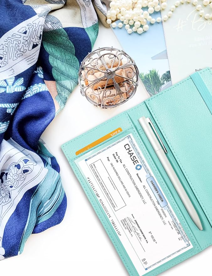 Zreal Checkbook Cover for Women, Premium Vegan Leather Checkbook Holder for Top & Side Tear Duplicate Checks with RFID Blocking (Pale Turquoise)