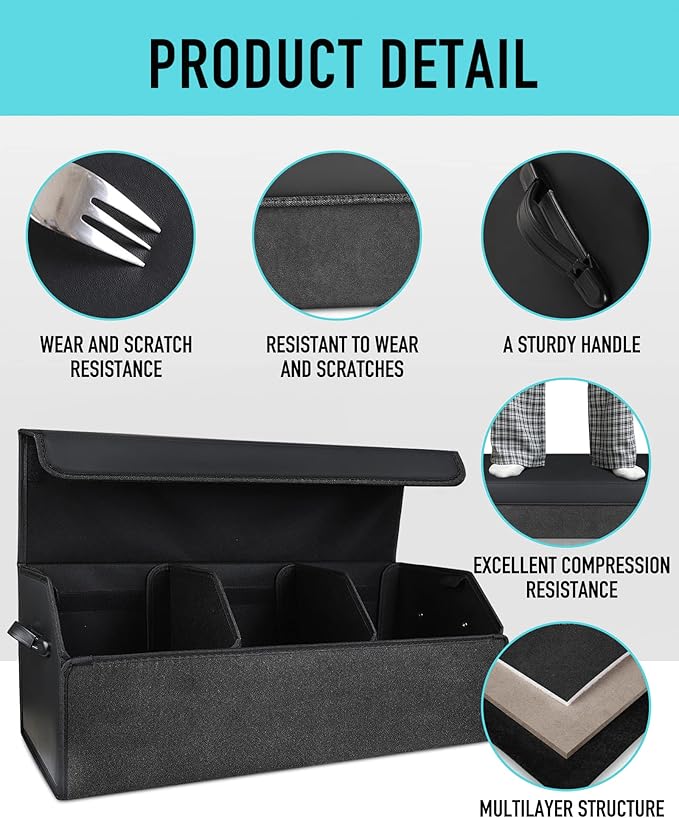 Fyzeoty Car Organizers for Trunk for Suv Sedan, Leather Storage Box,Extra Large,Magnetic Lid,Collapsible and Adjustable, S004, Black