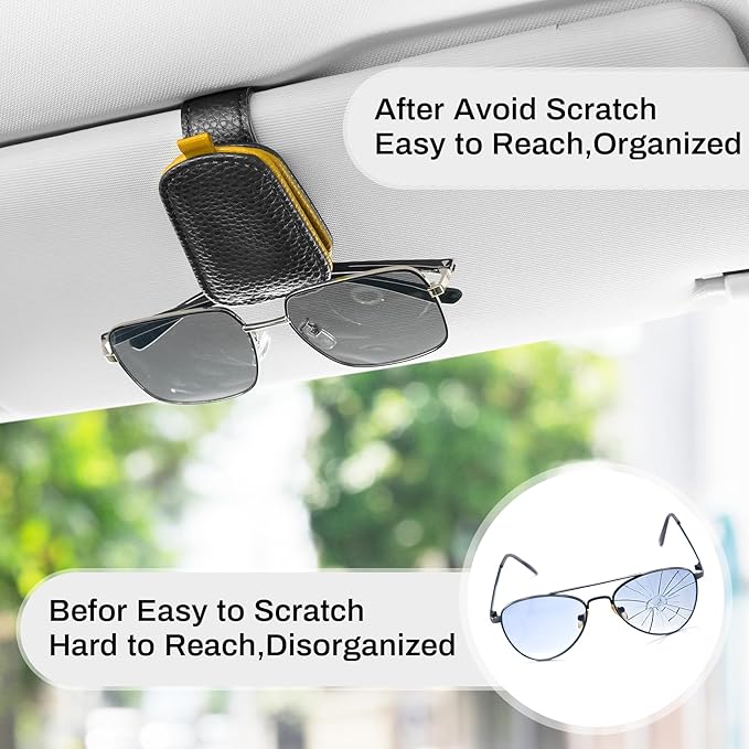 SINGARO Sunglasses Holder for Car, Leather Magnetic Buckle Sun Visor Sunglass Clip, Ticket Card Storage Glasses Clip, Car Interior Accessories for Men and Women（Black-Yellow）