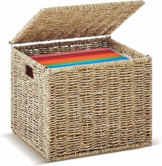Marspark Seagrass File Box Organizers Decorative File Baskets for Hanging Folders Filing Cabinet with Lid Collapsible Letter Size Document Storage Box for Home Office Decor, Natural