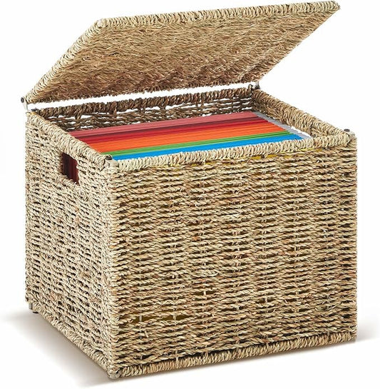 Marspark Seagrass File Box Organizers Decorative File Baskets for Hanging Folders Filing Cabinet with Lid Collapsible Letter Size Document Storage Box for Home Office Decor, Natural