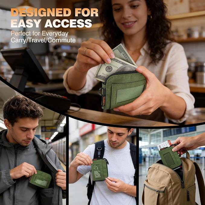Coin Purse for Men, RFID Blocking 500D Nylon Small Wallet with Key Clip, Slim Front Pocket Card Holder, Zipper Coin Pouch & ID Window Organizer for Cards, Cash