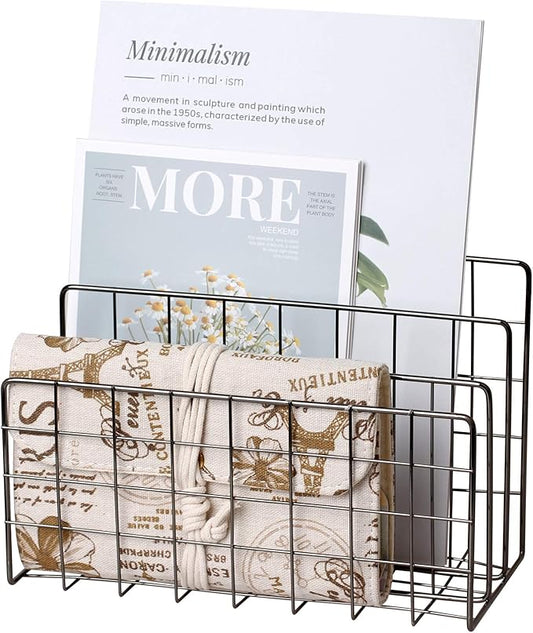 Desktop Mail Organizer File Organizer Metal Wire Mail Sorter Letter Organizer Magazine Rack for Letters, Mails, Books, Postcards, Brochures, Mail Holder (3 Slot, Dark Gray)
