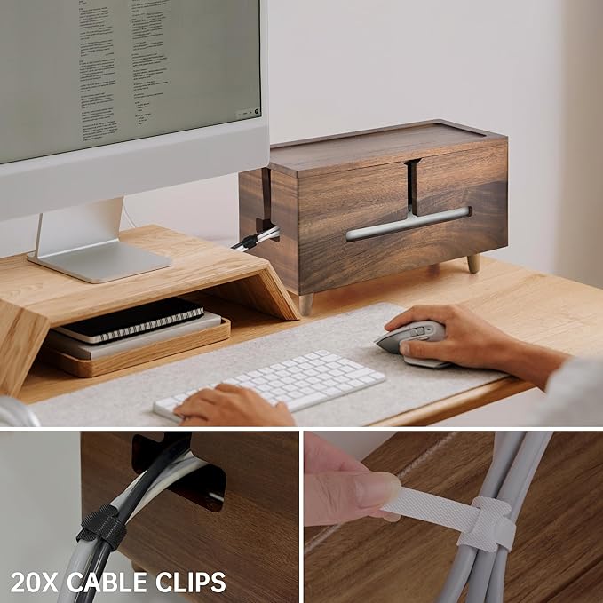 Large Cable Management Box - Organizer for Electrical Cords and Power Strips - Conceal Desk and Floor Cables - Storage Solution for Cord Hider and Organization (Brown Wood)
