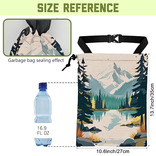 Car Trash Bag Mountain and River Forest Leak-Proof Waterproof Car Garbage Bag with Drawstring Foldable Canvas Trash Bin with Adjustable Buckle for Car Accessories, Travelling, Camping