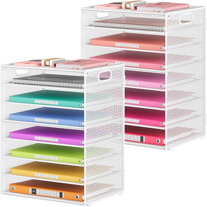 Lavatino 2 Pack 8-Tier Office Desk File Organizer, Letter Tray Paper Organizer with Handle, Including 5 Adjustable Slide Trays for Organizing Desk Workspace Accessories and Supplies (White Metal Mesh)