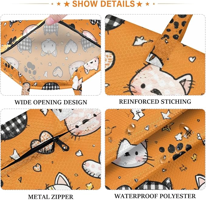 Travel Laundry Bags 2 PC Wet Dry Bag with Handle Dirty Clothes Organizer for Swimsuits Beach Camping Waterproof Washable Orange Cute Kittens Hearts Stars