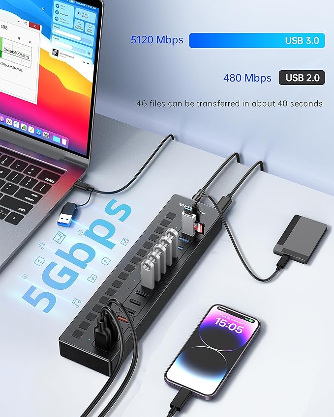 Powered USB 3.0 Hub, ACASIS 16 Port USB Hub Powered(Include 2*USB C 3.0+4 Smart Charging Port) with 60W Power Adapter, Support Wall Mount, USB Hub for PC Laptop, Mac, Printer, Camera