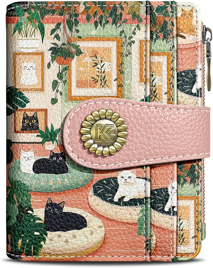 Kelvoris Cute Lovely Black Cats Small Rfid Women Wallet Bifold Zipper Coin Pocket PU Leather Compact Cash Travel Credit Card Holder for Female Ladies Teen Girls 1 ID Window 10 Card Slots