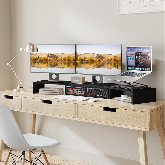 ZIFTY Dual Monitor Stand Riser with 2 Drawer and Smartphone Holder Wooden Desk Organizer, Adjustable Length & Angle Workspace Organizers for 3 Monitors Laptop Printer Computer, Black