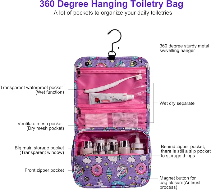 Eudora Cute Rainbow Unicorn Cartoon Toiletry Bag for Girls and Kids, Waterproof Bathroom Bag for Weekend with Many Rooms Pockets and Portable 360 Degree Hanging Hook